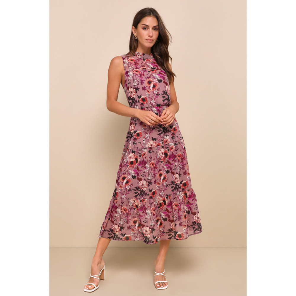 Lulus In My Dreams Mauve Floral Print Midi Dress Purple - Size L